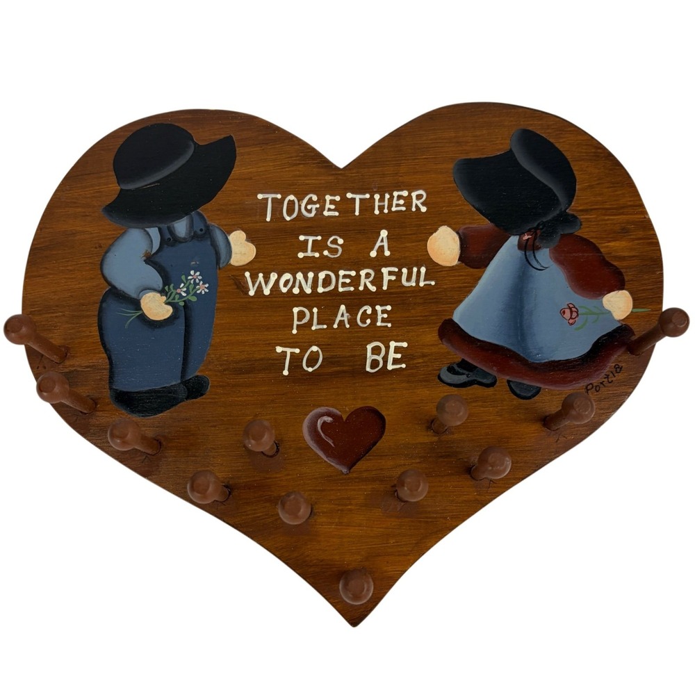 Wood Heart Wall Hanging Plaque Hooks Painted Folk Art Signed Grandmacore Cottage